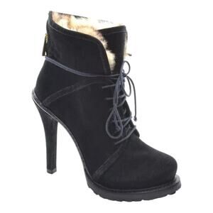 Elizabeth and‎ James Rabbit Fur Trim Booties 7 M Black Suede Heels Shoes